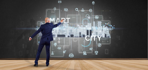 Poster - Businessman in front of a wall with Smart city user interface with icon, stats and data 3d rendering