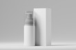 White cosmetic dispenser with cardboard box on a light background. Mock up. 3d rendering