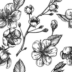 Wall Mural - Seamless pattern with black and white sakura