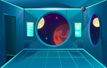 porthole on hallway in spaceship with door. moon and mars planet in viewport. futuristic interior ro