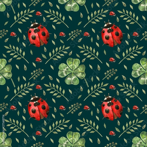 Beautiful seamless background with flowers and clover leaves using ladybugs a...
