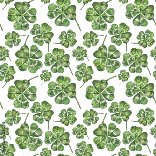 Beautiful seamless background with flowers and clover leaves using ladybugs a...