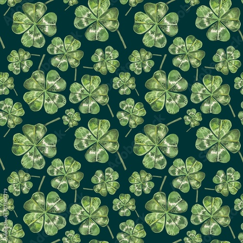 Beautiful seamless background with flowers and clover leaves using ladybugs a...