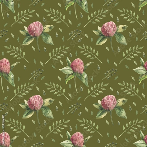 Beautiful seamless background with flowers and clover leaves using ladybugs a...