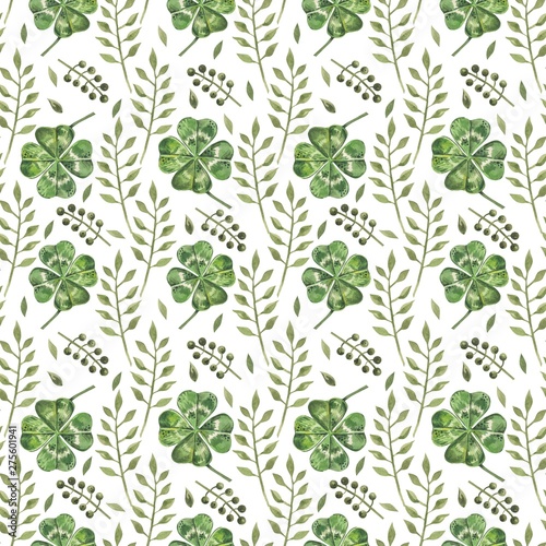 Beautiful seamless background with flowers and clover leaves using ladybugs a...