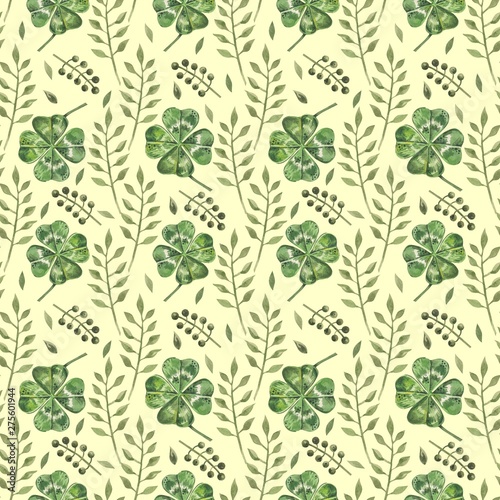 Beautiful seamless background with flowers and clover leaves using ladybugs a...