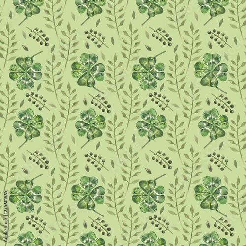 Beautiful seamless background with flowers and clover leaves using ladybugs a...