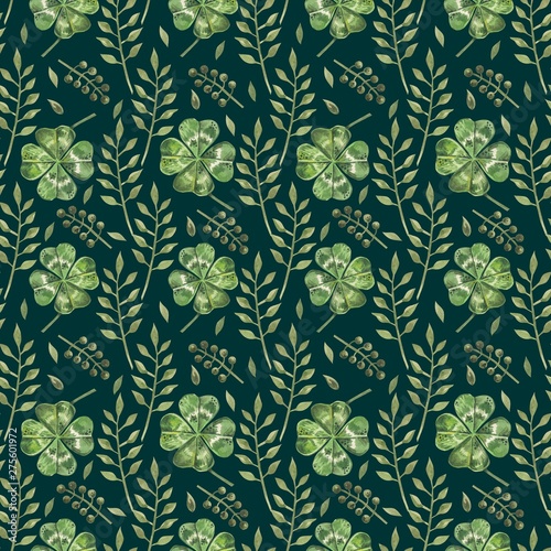 Beautiful seamless background with flowers and clover leaves using ladybugs a...