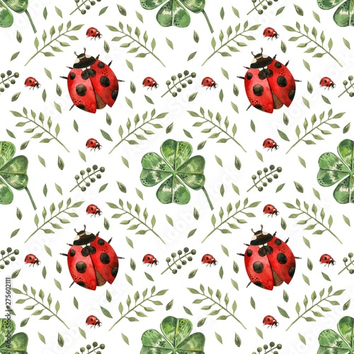 Beautiful seamless background with flowers and clover leaves using ladybugs a...