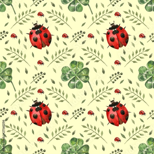 Beautiful seamless background with flowers and clover leaves using ladybugs a...
