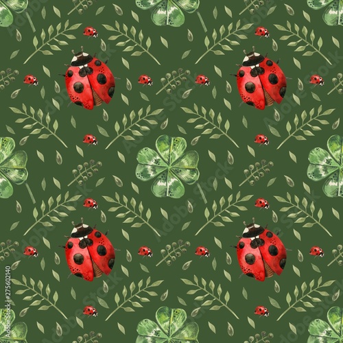 Beautiful seamless background with flowers and clover leaves using ladybugs a...