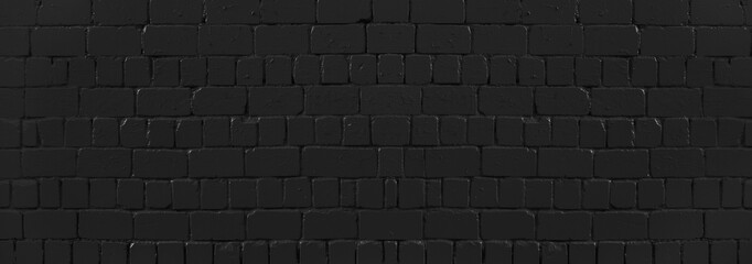 Wall Mural - Panoramic texture of black old brick wall, brickwork background for design or backdrop