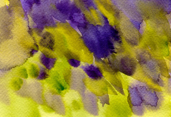 Abstract colorful watercolor splashes, drops, brush smears background. Hand painted green, purple texture for covers, packaging and wallpaper