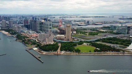 Wall Mural - panorama of Tokyo bay with park at the waterfront, aerial view, japan