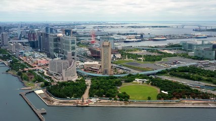 Wall Mural - panorama of Tokyo bay with park at the waterfront, aerial view, japan