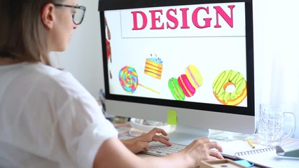 Poster - A female graphic designer creates confectionery drawings on a computer.
