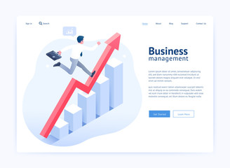 Wall Mural - business management website ui/ux design. businessman running on red arrow and infographic elements.