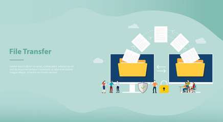 Poster - file transfer concept with folder and files transfering move with team people for website or landing