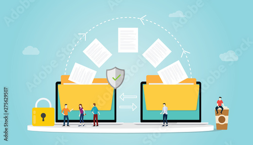 Fotografía file transfer concept with folder and files transfering move with security and p