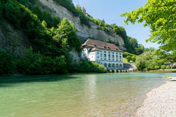 Poster - historic hydroelectric power plant building on the river Saane in the city of Fribourg