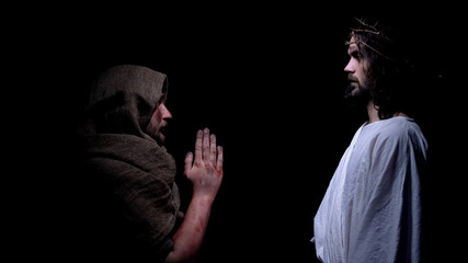 Poster - Poor man begging Jesus in crown of thorns for mercy, repenting of sins, beggar