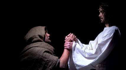 Poster - Jesus blessing sick poor man, healing from disease, salvation after prayer