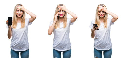 Sticker - Collage of young beautiful blonde casual woman using smartphone over isolated background stressed with hand on head, shocked with shame and surprise face, angry and frustrated. 