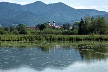 Marsh Pond, Benediktbeurer Moor, Kloster Benediktbeuern Behind, Benediktbeuern, Upper Bavaria, Bavaria, Germany, Europe