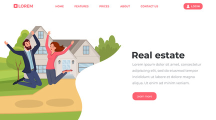 Real estate flat landing page template. Young people, husband and wife moving to house website, webpage vector layout. Cheerful family couple cartoon characters jumping outside new home