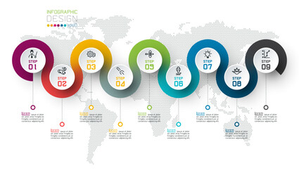 Circle label infographic with step by steps.