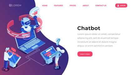 Chatbot isometric landing template page. Online customer support robot, help service, people chatting with bot app website vector layout. Artificial intelligence 3d concept illustration