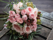 Beautiful Wedding Bouquet Of Shrub And Peony Gently Pink Roses.