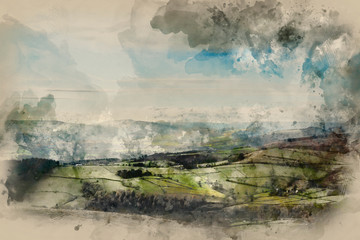 Wall Mural - Digital watercolor painting of Beautiful Autumn Fall landscape of Hope Valley from Stanage Edge in Peak District