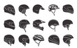 Set of racing helmets on a white background. Racing helmets for car, motorcycle and bicycle. Head protection. Monochrome icons.