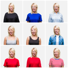 Poster - Collage of beautiful blonde woman wearing differents casual looks over isolated background sticking tongue out happy with funny expression. Emotion concept.