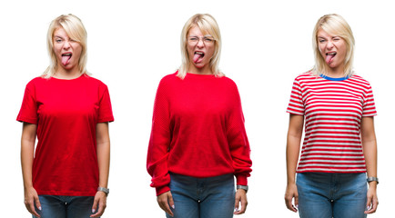 Poster - Collage of beautiful blonde woman wearing casual red over isolated background sticking tongue out happy with funny expression. Emotion concept.