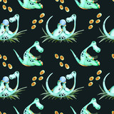 Fototapeta Dinusie - Seamless watercolor pattern with green dinosaurs. Watercolor children's illustration in cartoon style for t-shirts, fabrics, stickers, packaging paper, gifts