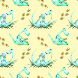 Fototapeta Dinusie - Seamless watercolor pattern with green dinosaurs. Watercolor children's illustration in cartoon style for t-shirts, fabrics, stickers, packaging paper, gifts