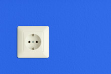 Power Outlet On Bright Blue Wall, European Standard, Power Socket