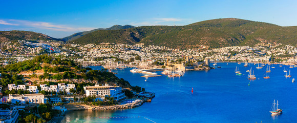 Sticker - Bodrum, Turkey . hilltop view of marina and old town with fortress