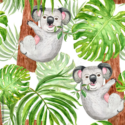 Tapeta ścienna na wymiar Watercolor trendy tropical pattern with hand painted koala, palm and monstera leaf on white background. Summer botanical print, exotic animal.