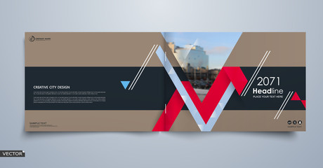 Abstract blurb theme. White brochure cover design. Info banner frame. Fancy ad flyer text font. Title sheet fiber model. Hi tech vector front page. Urban city view texture. Red triangle figure icon