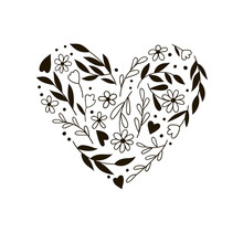 Tender Doodle Heart Of Flowers, Twigs And Leaves. Black And White Vector Pattern.