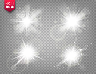 Glowing lights set on transparent background. Lens flare effect. Bright sparkling flash, sunlight. Vector illustration.