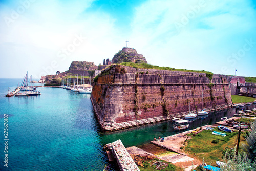 charming landscape with the old fortress and canal with boats in Kerkira (Kep...
