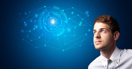 Aufkleber - Man touching hologram screen displaying keys and locks