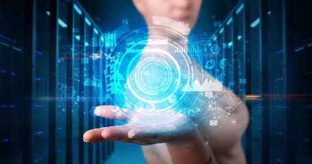 Poster - Woman holding hologram projection displaying biometric security concept
