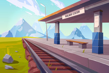Railway Station At Mountains, Empty Railroad Platform For Train In Highland Countryside Area Perspective View, Beautiful Nature Landscape Background, Public Transportation. Cartoon Vector Illustration