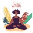 Hand drawn minimal vector illustration of cartoon black woman character doing yoga asana pose outside in nature with backgroud of tropical leafs and plants.
