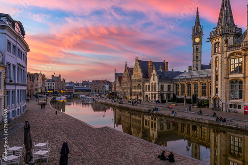 View of Graslei, Korenlei quays and Leie river in the historic city center in...